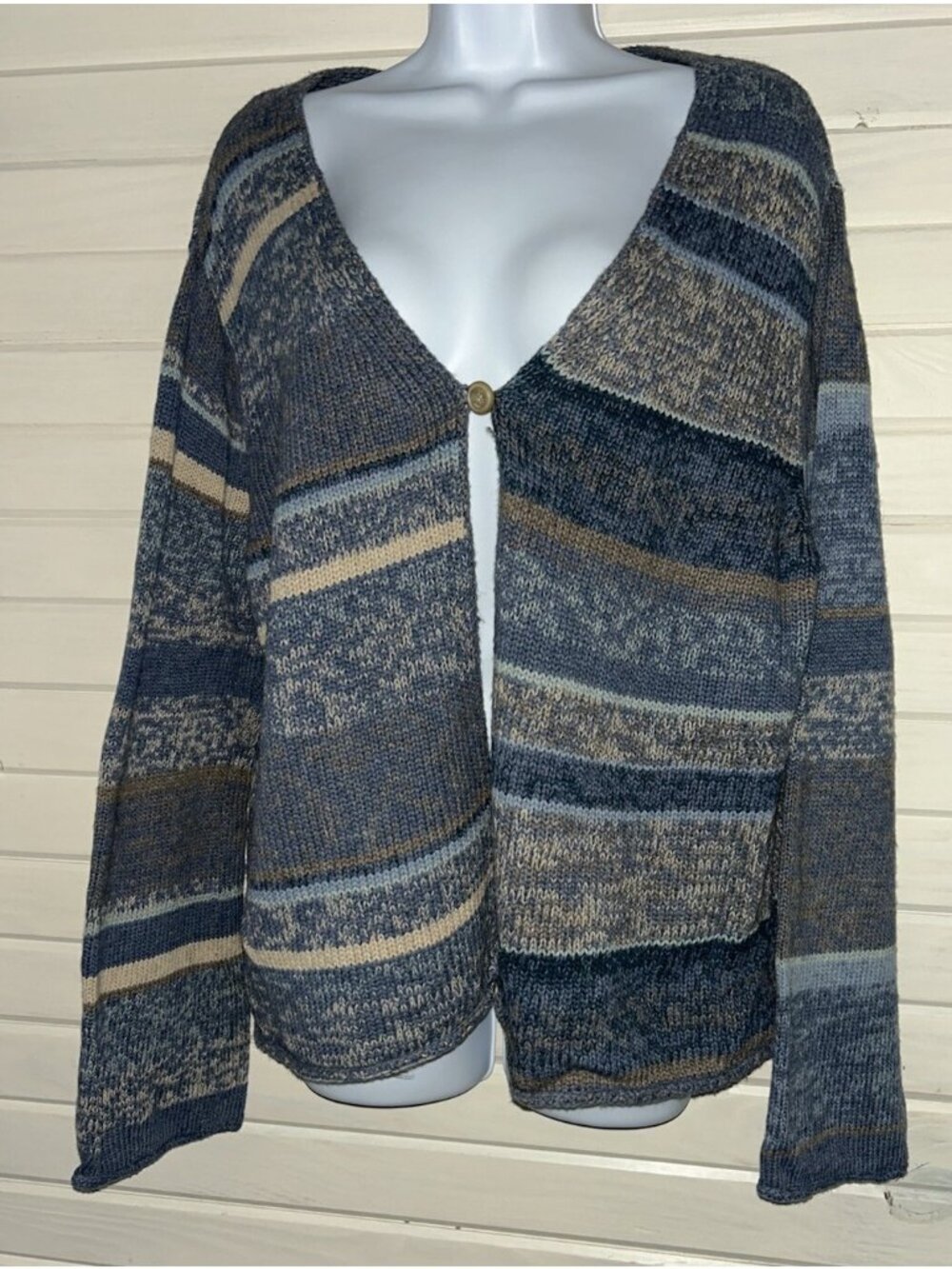 VTG J Jill Sz XL Blue Stripe Cardigan Cotton Lambs’ Wool Blend 1-Button EUC